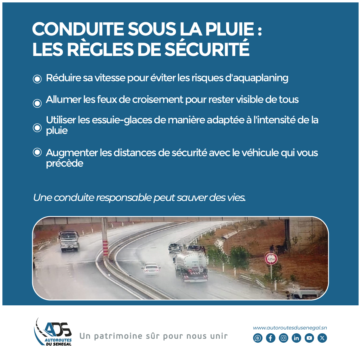 sn_ads_sa's tweet photo. 🌧️ Alerte Pluie sur l'Autoroute !
Chaussée glissante &amp; visibilité réduite. Redoublez de prudence.
#Sénégal2050 #Mittasn #AutoroutesDuSénégal #SécutitéRoutière #ConduiteResponsable https://t.co/GykPzr1OwW
