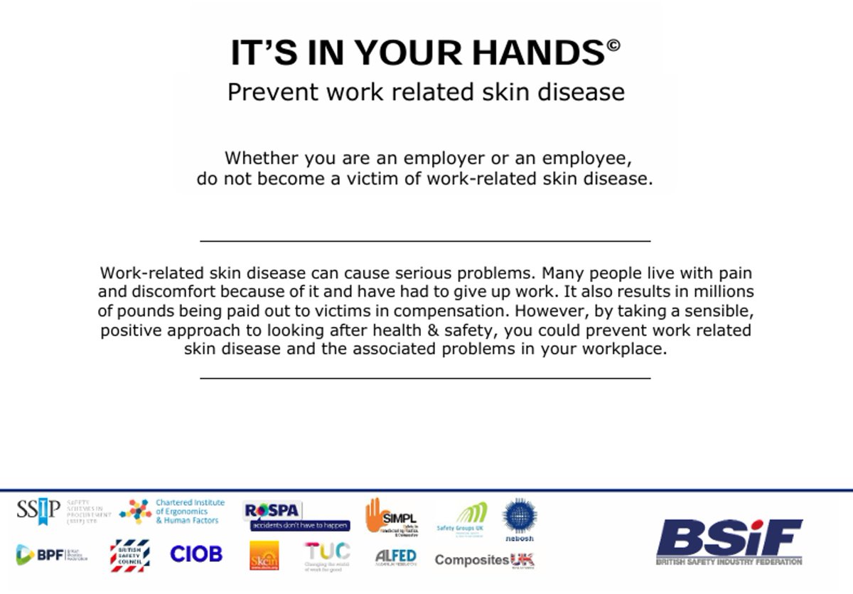 BSIF1's tweet photo. Our campaign IT’S IN YOUR HANDS© calls on employers and workers to take practical steps to prevent work-related skin disease.

🔗 https://t.co/QlYYE6Rmow

🔵 The updated campaign guide provides clear advice for employers and employees https://t.co/JDwUiyLM3r