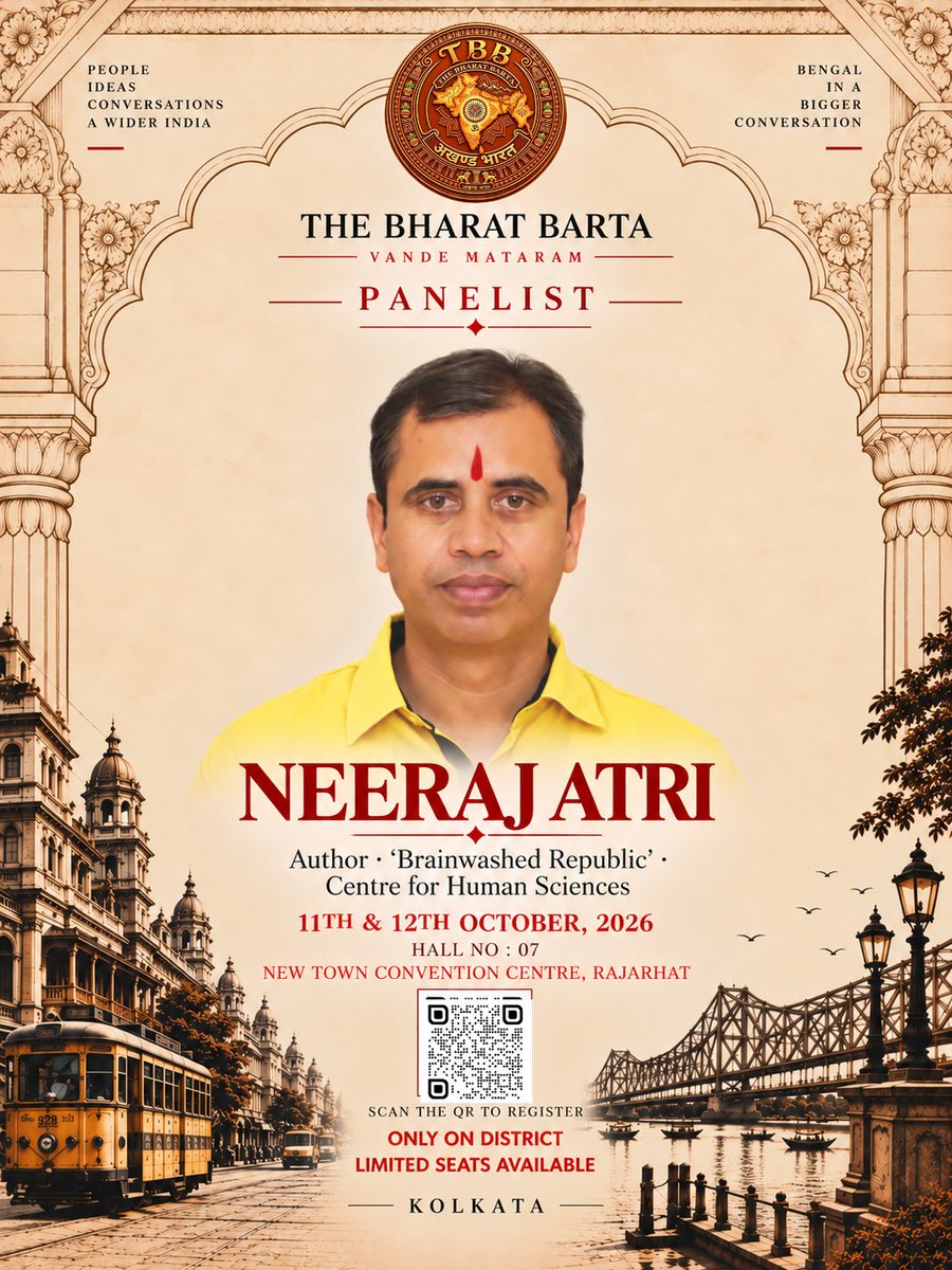 thebharatbarta's tweet photo. @AtriNeeraj   joins The Bharat Barta.

People. Ideas. Conversations. One room.
📅 11–12 October 2026
📍 New Town Convention Centre, Rajarhat
🎟️ Get your tickets from District

Vande Mataram.

#TheBharatBarta #NeerajAtri #Kolkata https://t.co/SE0p5GjNfh