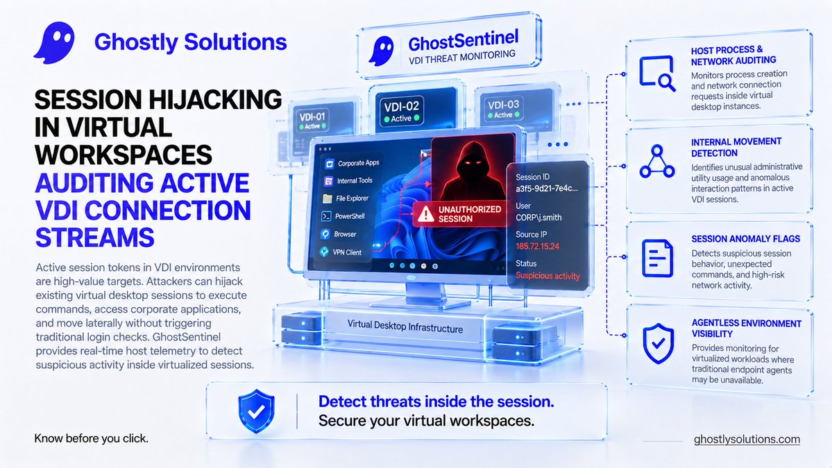 GhostsolutionAE's tweet photo. π₯οΈ Stolen VDI session tokens allow attackers to bypass login prompts and hijack active virtual desktops.
π‘οΈ GhostSentinel audits process creation and network requests to detect unauthorized activity inside VDI streams.
π https://t.co/ugbM5ebrZa
#VDISecurity #GhostlySolutions https://t.co/Ny15SG0EWu