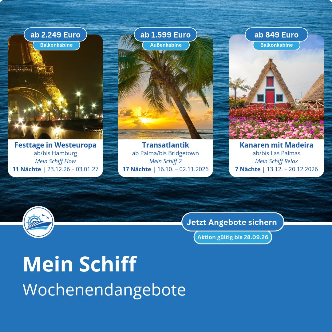 CruisifyDE's tweet photo. 💙🤍Wochenendangebote von TUI Cruises

👉 Buche jetzt dein Traumabenteuer: https://t.co/1ZUXjdf6sQ

#meinschiff #tuicruises #cruisify https://t.co/86RrKawHf9