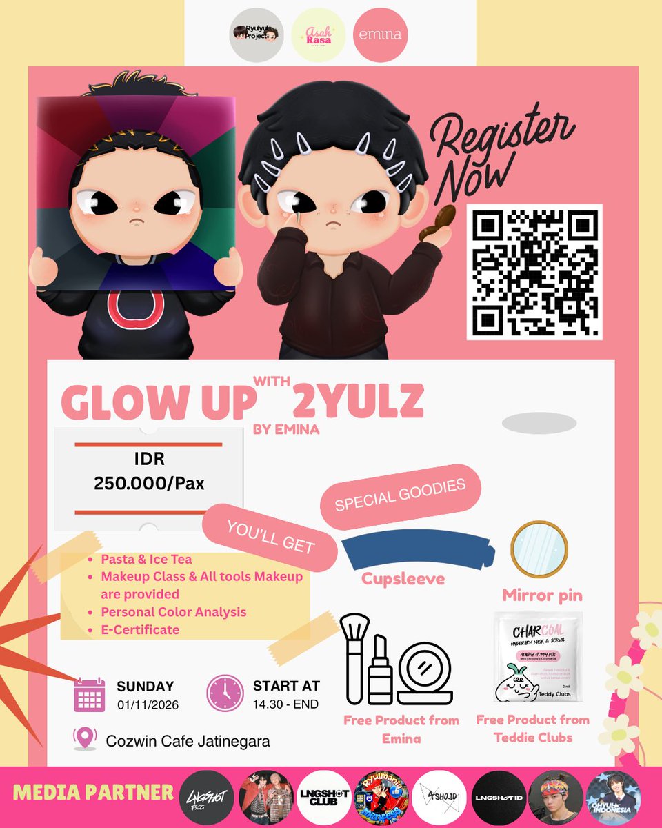 yyulbase's tweet photo. #GLOWUPwith2YULZ

Get ready for a beauty experience made especially for our Shotties girls, collaboration @ryulyulproject with @/eminajkt &amp; @/asahrasaku

📅 1 November 2026  
📍 COZWIN CAFE Jatinegara  
🎟️ 250.000/Pax

Link : https://t.co/djM91PO5jW

Time to level up Shotties https://t.co/G7VxrMrxG4