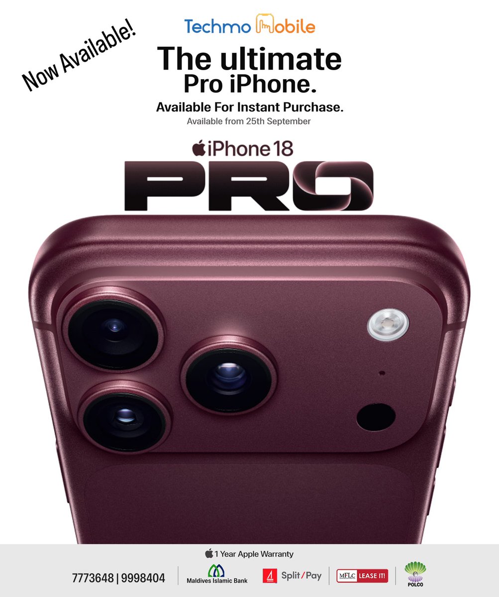 MvTechmo's tweet photo. The moment you’ve been waiting for is finally here! 
#iphone18pro #iphone18promax now available for instant purchases. #techmomobile #Maldives https://t.co/UfwpJn3LoQ