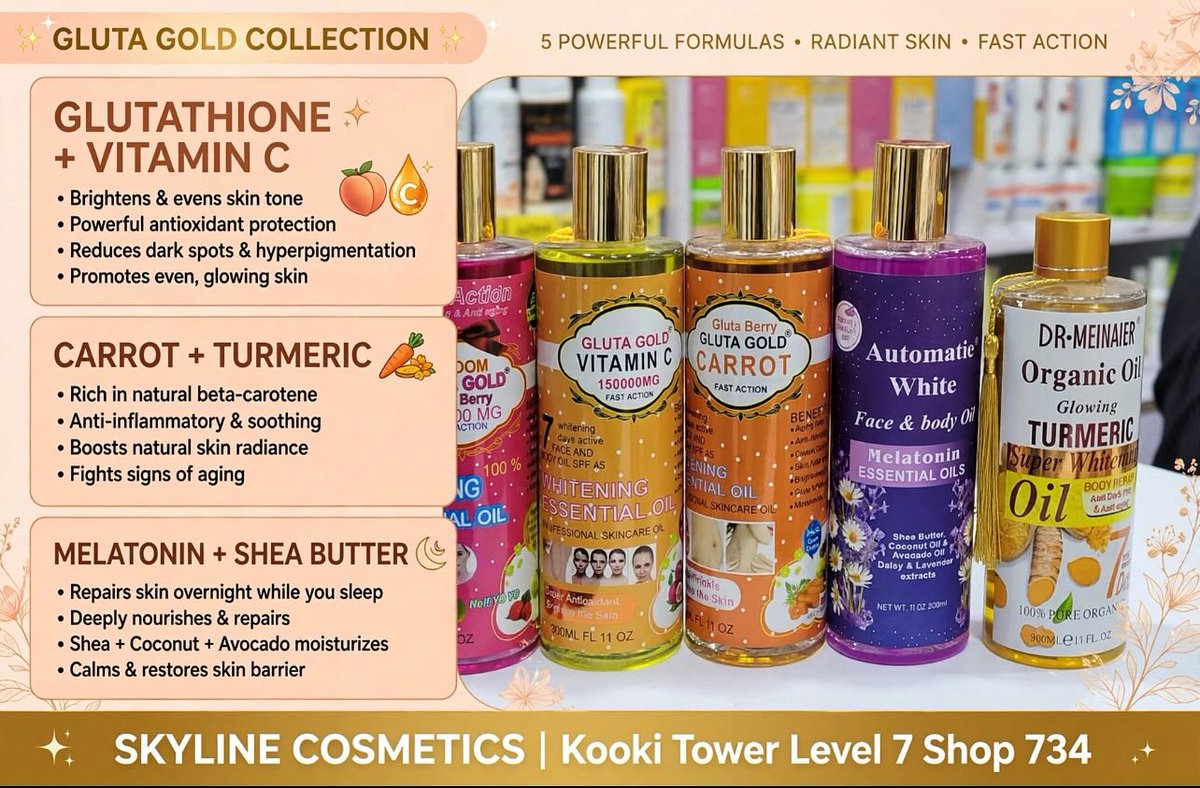 PokCharpiaw2's tweet photo. The gold standard of glow is here. Discover the Gluta Gold Collection at Skyline: five powerful formulas for brighter, nourished, radiant-looking skin. Wholesale and retail available. Which one is your skin calling https://t.co/gLOmE7S7Am