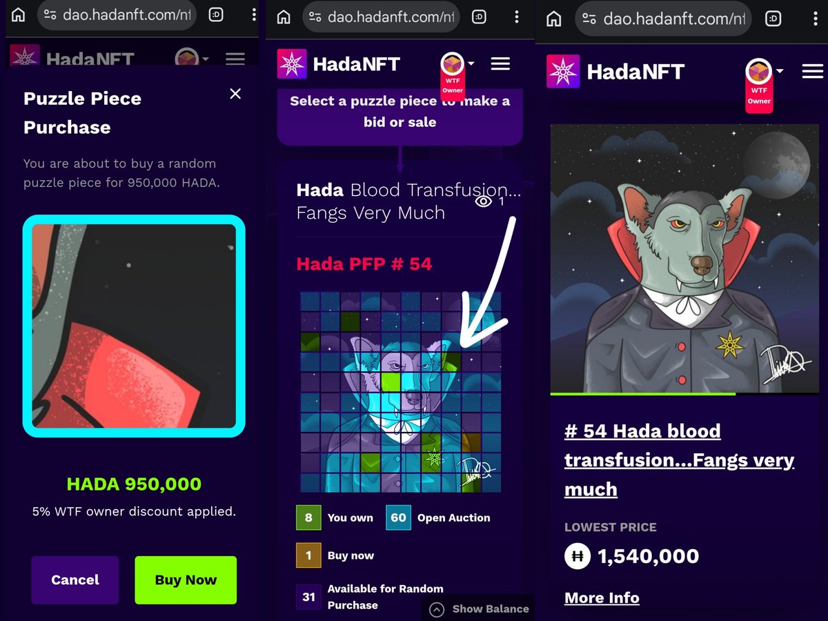UberSlim's tweet photo. Thought I'd mint a #HadaDog puzzle piece today 🐕🧩

Purchased with $HADA, discounted by WTF 💥

My 8th ppfp in the "Hada Blood Transfusion.. Fangs Very Much" pfp! 🧛‍♂️

No row conversion opportunities yet 🚣‍♂️

Anyone collecting #54?

https://t.co/0adOuLWAO9

#XRP #NFTPuzzlification https://t.co/o4WydCLHac
