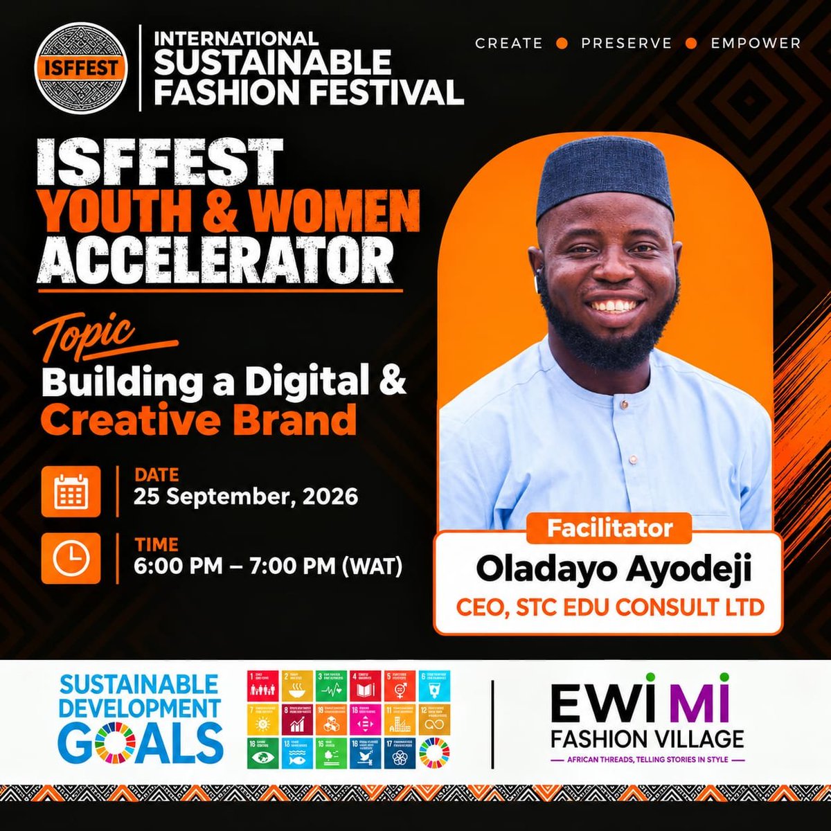 isffest_'s tweet photo. Meet the Facilitator 🎙️

A great product needs a brand that people can recognise, trust and connect with.

At the ISFFEST Youth &amp; Women Accelerator, Oladayo Ayodeji, CEO of STC EDU CONSULT LTD, will lead participants through “Building a Digital &amp; Creative Brand.” https://t.co/OBgqHAkMII