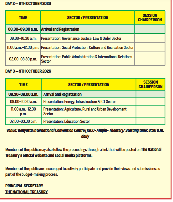 MzalendoWatch's tweet photo. The @treasury_kenya has issued a public hearing notice for the FY 2027/2028 Medium-Term Budget.

The public hearing will take place from 7–9 October 2026 from 8:30 am, at the Kenya International Convention Centre (KICC). https://t.co/JWDk8QpJ9F