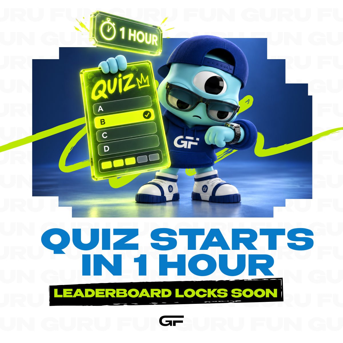 gurudotfun's tweet photo. 🚀 QUIZ STARTS IN 1 HOUR

The https://t.co/AAhbVIcoC7 Starter Quiz starts soon, and the leaderboard is about to lock in.

If you haven't got ready yet, this is the moment. Quick refresher on what's inside:

▪️How Prelisting works
▪️What a creator commits before deployment
▪️How the Guru Token is elected

Top participants get their rewards within 24 hours of the results being announced. Once the quiz closes, that's it.

▪️Where the quiz will take place: https://t.co/qHd8SFJQup (#general chat)
▪️When the quiz will take place: Today, 16:00 PM (UTC time), in 1 hour from now

Get ready now, and don't miss the secret event after the quiz!