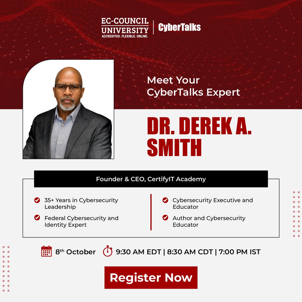 EC_Council_Univ's tweet photo. Speaker Spotlight! 🎙️
Join Dr. Derek A. Smith on Oct. 8 for “Are We Ready for the Agentic Enterprise? Closing AI Security Blind Spots.”
Explore AI security risks, blind spots, governance & controls for autonomous AI.
Register: https://t.co/rsC5wflKDr
#ECCU #AgenticAI https://t.co/KS9lU3WfZJ
