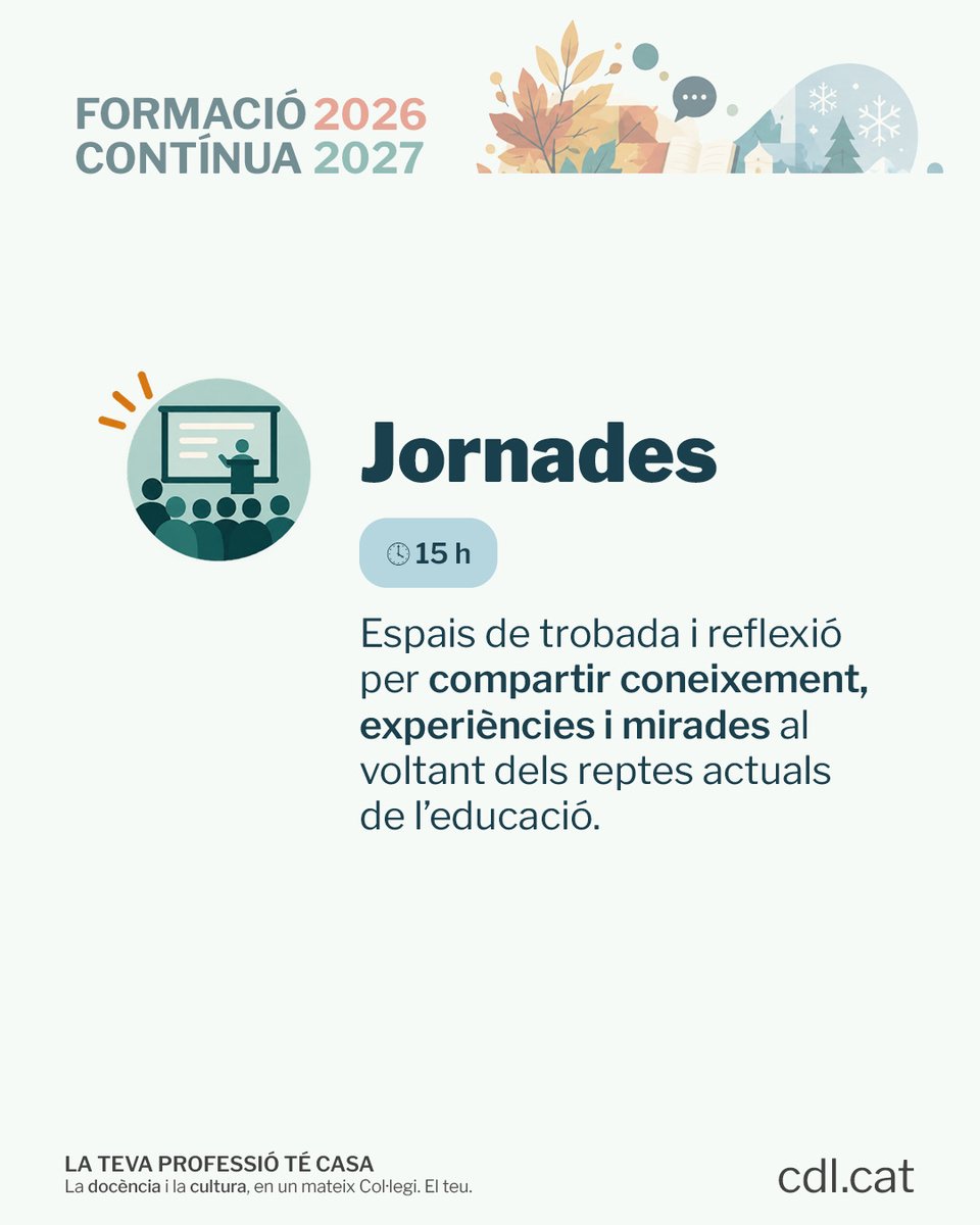cdlcat's tweet photo. 📚 Ara que el curs ja està en marxa, és un bon moment per dedicar-te una estona i continuar-te formant.

💼 T'oferim diferents opcions segons la teva disponibilitat i ganes, pensades per acompanyar-te en els reptes reals de l’aula i de la professió 👉 https://t.co/6PCmSAIdiG https://t.co/5hTIn1GU9W