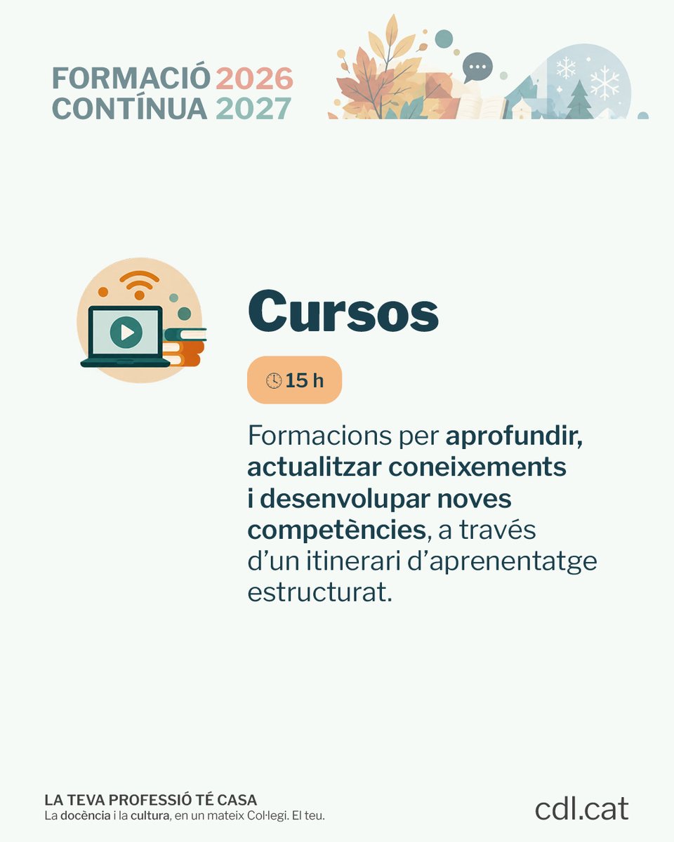 cdlcat's tweet photo. 📚 Ara que el curs ja està en marxa, és un bon moment per dedicar-te una estona i continuar-te formant.

💼 T'oferim diferents opcions segons la teva disponibilitat i ganes, pensades per acompanyar-te en els reptes reals de l’aula i de la professió 👉 https://t.co/6PCmSAIdiG https://t.co/5hTIn1GU9W