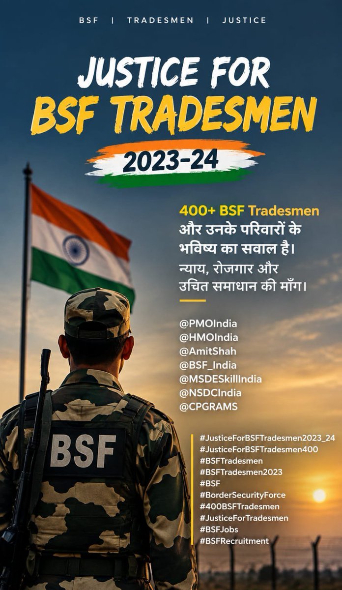 gouravk02174831's tweet photo. #JusticeForBSFTradesmen2023_24

#JusticeForBSFTradesmen400 

हमें नियम चाहिए कि किसके पिता बीमार हैं तो किसकी मां इसका सदमा है लड़के को नोकरी मिली थी सब ने खुशी मनाई थी आज चली गई है तो मां बापू की जिंदगी पर आ गई है हमारी गुहार सुनो सरकार https://t.co/5lZphUf7OD