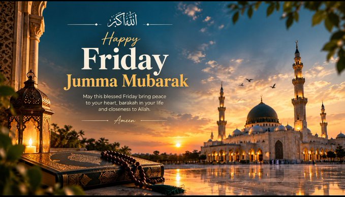 A 'Happy Friday Jumma Mubarak' greeting card featuring an Islamic mosque at sunset, a Quran with prayer beads, a lantern, and a message wishing peace and blessings.