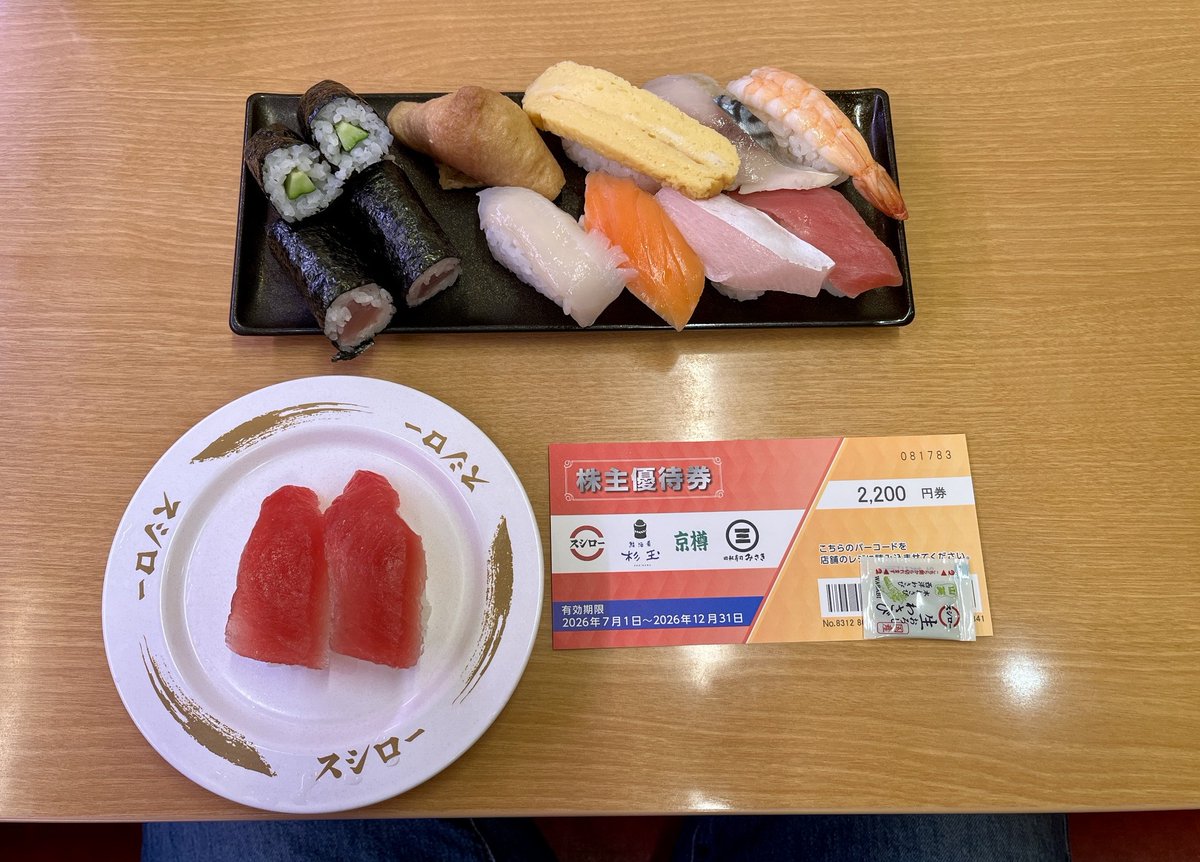OneoffRider's tweet photo. #スシロー で #株主優待 を消化
なんかランチメニューができてたので注文してみた。
「お得な」なんて記してあったけど、こういうのって原価が安いモノばかりで店側がお得で客側からしたら全然お得じゃないんだろうね🍣
モノは試しで注文してみました
優待は550円分使用しました
#株主優待生活 #優待飯 https://t.co/O2NUSNhYG5