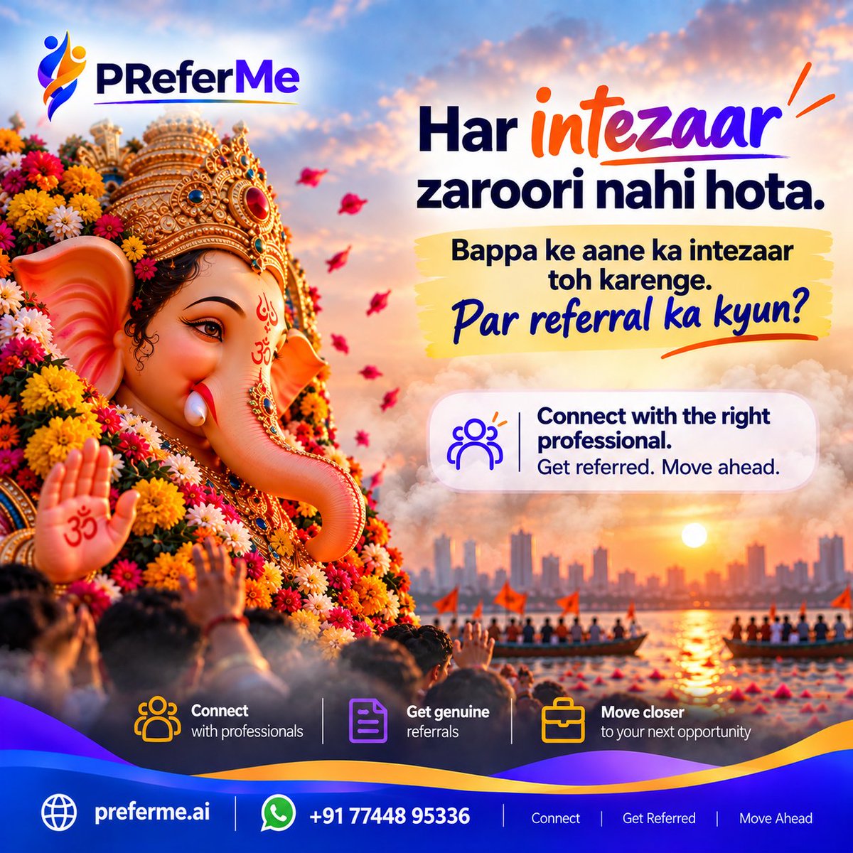 preferme_ai's tweet photo. Har intezaar zaroori nahi hota. 🙏
Bappa ke wapas aane ka intezaar agle saal tak chalega, par aapke next job referral ka kyun?

Connect with professionals &amp; get referred! 🚀

🌐 https://t.co/OPXYDUIHrM
📲 WhatsApp: +91 77448 95336

#JobSearch #PreferMe https://t.co/nSUuKoIM5y