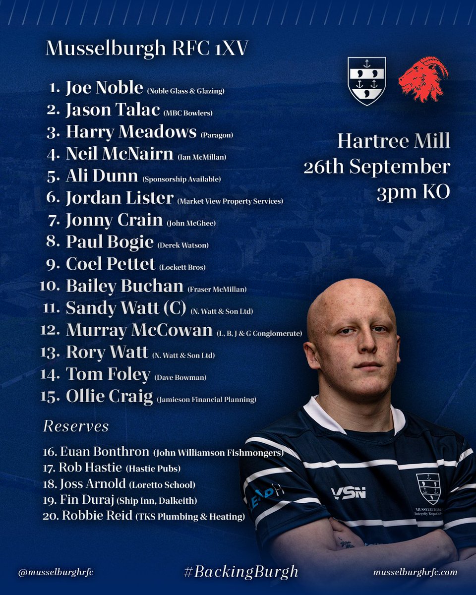 MusselburghRFC's tweet photo. ๐/ Your 1XV travelling to Biggar tomorrow in Round 5 of the Arnold Clark Men's National 1
#BackingBurgh https://t.co/gDmrblYX0G