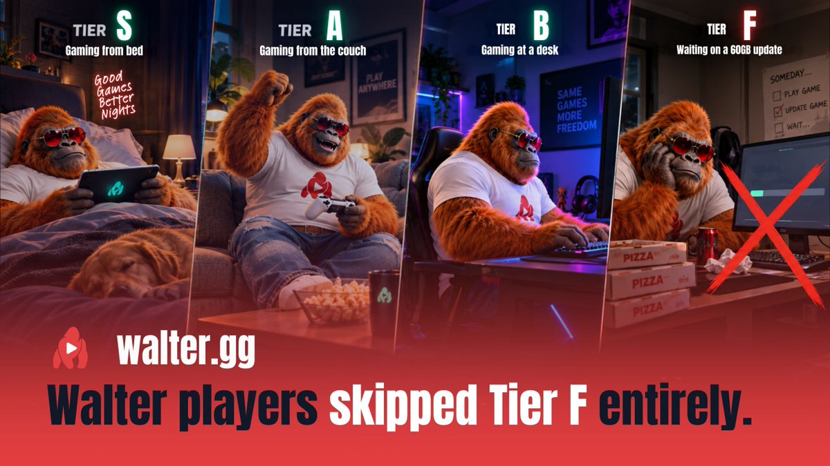 walter___gg's tweet photo. Friday night setup tiers:

Tier S - Gaming from bed
Tier A - Gaming from the couch
Tier B - Gaming at a desk
Tier F - Waiting on a 60GB update

Walter players skipped Tier F entirely. https://t.co/ELHGEB1ktl