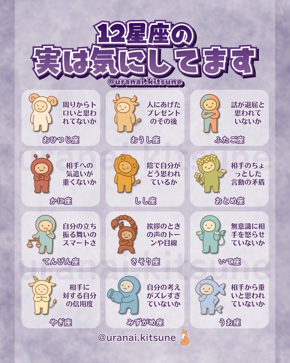 uranai_kitsune's tweet photo. 12星座が実は気にしていること🤫 https://t.co/mkySBK8VGR