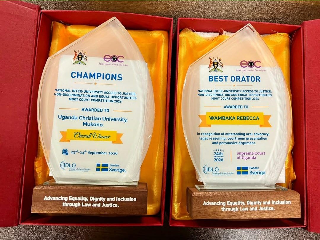 UCUniversity's tweet photo. CHAMPIONS!
UCU School of Law has won the inaugural Equal Opportunities Moot Court Competition, organised by @EOC_UG and @IDLO 
In the Supreme Court final on 24 September, the team defeated IUIU and scooped Best Overall Team, Best Memorial and Best Orator (Rebecca Wambaka). 1/2 https://t.co/1odzhCfSoB