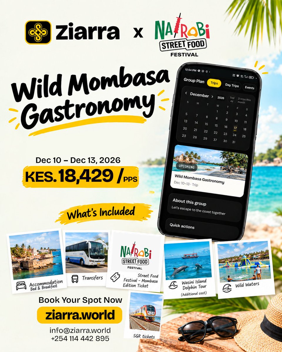 ziarraworld's tweet photo. MOMBASA IS CALLING… AND YOU DON’T WANT TO BE THE FRIEND WHO MISSED THIS! 🔥🌴

Imagine 4 days of coastal vibes, wild flavours, beach moments & unforgettable experiences — all wrapped into one epic escape. 🌊🍤☀️From Wild Waters to the Wasini Island Dolphin Tour, plus the Nairobi Street Food Festival – Mombasa Edition… this isn’t just a trip. It’s the story everyone will be talking about. 👀🔥

📅 Dec 10–13, 2026
💰 KES 18,429 per person
🏨 Accommodation + Transfers + Festival Ticket included⚠️ Your friends are already making plans. Are you coming, or are you going to watch the stories from home? 😏📱🎟️ 

Book your spot: https://t.co/GgovxMylD5

📧 info@ziarra.world
📞 +254 114 442 895

Tag your travel crew 👇🏽 — Mombasa is better together! 🌴🔥

#WildMombasaGastronomy #ZiarraWorld #Mombasa #NairobiStreetFoodFestival #MombasaEdition #KenyaTravel #CoastalVibes #TravelKenya #DecemberGetaway #Diani #WasiniIsland #WildWaters