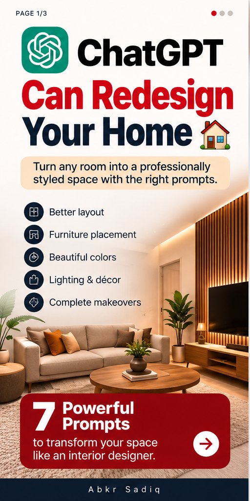 abs_crea8or's tweet photo. Breaking: ChatGPT Can now Redesign Your Home like a professional interior designer.

Turn any room into a professionally styled space with the right prompts.

From layout and furniture placement to colors, lighting, décor, and complete room makeovers, ChatGPT can help you plan your dream interior.

Here are 7 powerful prompts to transform your space like an interior designer 👇