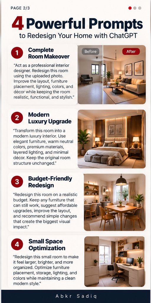 abs_crea8or's tweet photo. Breaking: ChatGPT Can now Redesign Your Home like a professional interior designer.

Turn any room into a professionally styled space with the right prompts.

From layout and furniture placement to colors, lighting, décor, and complete room makeovers, ChatGPT can help you plan your dream interior.

Here are 7 powerful prompts to transform your space like an interior designer 👇