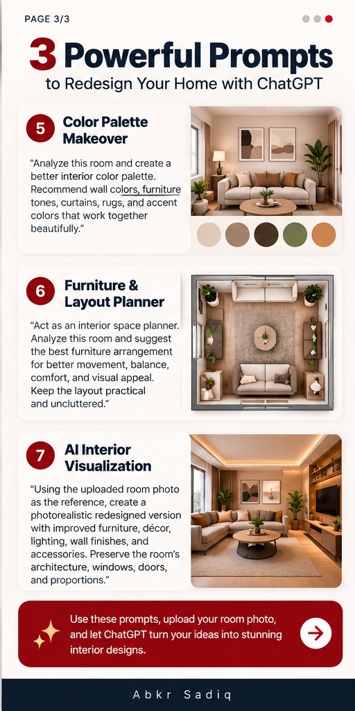 abs_crea8or's tweet photo. Breaking: ChatGPT Can now Redesign Your Home like a professional interior designer.

Turn any room into a professionally styled space with the right prompts.

From layout and furniture placement to colors, lighting, décor, and complete room makeovers, ChatGPT can help you plan your dream interior.

Here are 7 powerful prompts to transform your space like an interior designer 👇