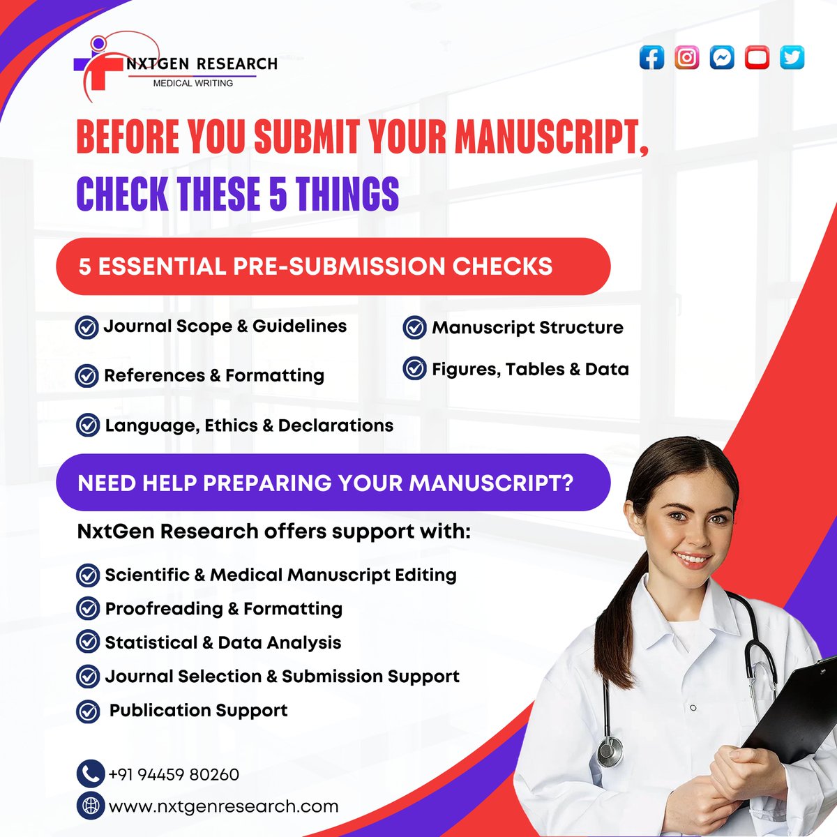 NxGenResearch's tweet photo. 🔬 Submitting your manuscript?

Check these 5 essentials:
✓ Journal scope
✓ Manuscript structure
✓ References &amp; formatting
✓ Figures &amp; data
✓ Language &amp; ethics
Need manuscript support? DM “PAPER” 📩
🌐 https://t.co/Ds3v7D61wj

#Research #ManuscriptEditing #JournalSubmission https://t.co/BnZn6f4zQA