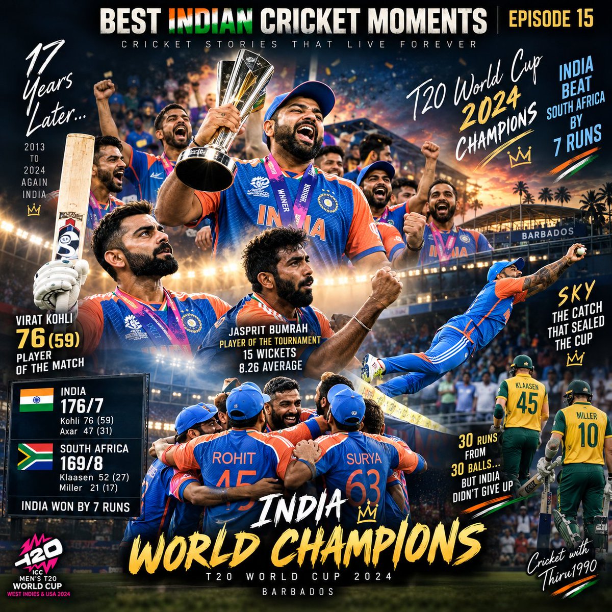 Thiru_1990's tweet photo. #T20WorldCup #TeamIndia #INDvsSA
Cricket with Thiru1990 🏏

🏏 BEST INDIAN CRICKET MOMENTS - EPISODE 15 🇮🇳

2024 T20 WORLD CUP FINAL - கையில் இருந்து போன Cup-ஐ திரும்ப பிடித்த India ❤️‍🔥

29 June 2024. Barbados. India vs South Africa. ஒரு பக்கம் 2013க்குப் பிறகு ICC trophy இல்லாத India. இ��்னொரு பக்கம் முதல் World Cup trophyக்காக காத்திருந்த South Africa. இரண்டு அணிகளுமே tournament முழுக்க ஒரு match கூட தோற்காமல் Finalக்கு வந்திருந்தாங்க. India toss ஜெயித்து batting எடுத்தது. ஆரம்பத்திலேயே Rohit, Pant, Suryakumar wickets போனாலும் Virat Kohli ஒரு பக்கம் நின்றார். Axar Patel உடன் சேர்ந்து inningsஐ rebuild பண்ணி, கடைசியில் India 176/7 எடுத்தது. Kohli 76 off 59, Axar 47 off 31.

177 target. Bumrah ஆரம்பத்திலேயே Reeza Hendricks-ஐ எடுத்தார். Arshdeep, Axar wickets எடுத்தாலும் South Africa chase controlலேயே இருந்தது. Heinrich Klaasen வந்த பிறகு match வேகமாக மாற ஆரம்பிச்சது. குறிப்பாக Axar overல அவர் attack பண்ணியதும் target ரொம்ப சின்னதாகிவிட்டது.

ஒரு கட்டத்தில் South Africaக்கு தேவைப்பட்டது 30 runs from 30 balls. Creaseல Klaasen, David Miller. அதுவரை நடந்த match பார்த்த யாருக்கும் South Africa தான் Cup எடுத்துடும் போல இருந்திருக்கும். T20 cricketல 30 off 30, அதுவும் இரண்டு set finishers இருக்கும்போது, bowling teamக்கு margin almost இல்ல.

அங்கிருந்து India செய்தது தான் இந்த Finalஐ legendary ஆக்குது.

Bumrah 16வது overல வெறும் 4 runs. அடுத்த over Hardik Pandya. Dangerousஆ இருந்த Klaasen 52ல் caught behind. ஒரே wicket. ஆனா அந்த wicket வந்ததும் South Africa முதல் முறையாக pressure feel பண்ண ஆரம்பிச்சது.

அடுத்தது Bumrah.

Marco Jansen-ஐ clean bowled. அந்த overல ஒரு run மட்டும��. Target இருந்தது. Miller இருந்தார். ஆனா required rate மீண்டும் மேல போக ஆரம்பிச்சது. Bumrah World Cup முழுக்க extraordinaryஆ bowl பண்ணியிருந்தாலும், trophy decide ஆகுற நேரத்துல அவர் போட்ட அந்த spell தனி level. அவர் tournamentஐ 15 wickets, 8.26 average உடன் Player of the Tournamentஆ முடித்தார்.

Arshdeep 19வது over முடித்ததும் equation...

16 runs from 6 balls.

Hardik Pandya final over.

Strikeல David Miller.

First ball full toss. Miller அதை straight boundaryக்கு மேல தூக்கினார். ஒரு secondக்கு அது six போலத்தான் தெரிந்தது.

Boundary line அருகே Suryakumar Yadav.

Catch எடுத்தார். Momentum அவரை ropeக்கு வெளியே கொண்டு போகுது. Ballஐ உள்ளே toss பண்ணிட்டு boundaryக்கு வெளியே போய், மறுபடியும் உள்ளே வந்து catch complete பண்ணினார்.

அந்த சில seconds இந்திய கிரிக்கெட் historyயில் freeze ஆகிட்டது.

SKY CATCH.

ஒருவேளை அது six போயிருந்தா equation completely வேற மாதிரி மாறியிருக்கும். ஆனா SKY அந்த வாய்ப்பையே South Africaக்கு கொடுக்கல.

Hardik மீதி ballsஐ முடித்தார்.

South Africa 169/8.

India won by 7 runs.

17 வருடங்களுக்கு பிறகு மீண்டும் T20 World Cup champions. 2013க்குப் பிறகு முதல் ICC trophy. Rohit Sharma trophy தூக்கினார். Kohli Finalல Player of the Match. Bumrah Player of the Tournament.

ஆனா இந்த Finalஐ இன்னும் பல வருடங்கள் கழிச்ச���ம் நினைவு வைத்திருக்கப்போறது numbers மட்டும் இல்ல.

30 runs from 30 balls.

அந்த இடத்துல இருந்து ஒரு team matchஐ விட்டுடாம போராடியது.

Bumrah pressure உருவாக்கினார்.

Hardik breakthrough கொடுத்தார்.

Arshdeep தனது overஐ control பண்ணினார்.

SKY ஒரு World Cupஐ boundary lineல பிடித்தார்.

அதனால்தான் 2024 Barbados Final ஒரு trophy win மட்டும் கிடையாது.

கையில் இருந்து almost போயிட்ட ஒரு World Cupஐ, கடைசி ஐந்து oversல India திரும்ப பிடித்த கதை. 🇮🇳❤️

30 off 30 இருந்தது.
கடைசியில் India 7 runs வித்தியாசத்தில் World Champion.

சில Finalகள் ஜெயிக்கப்படும்.
சில Finalகள் கடைசி வரை விடாம பிடித்து பறிக்கப்படும்.
Barbados 2024 அப்படிப்பட்டது. 🔥🏆