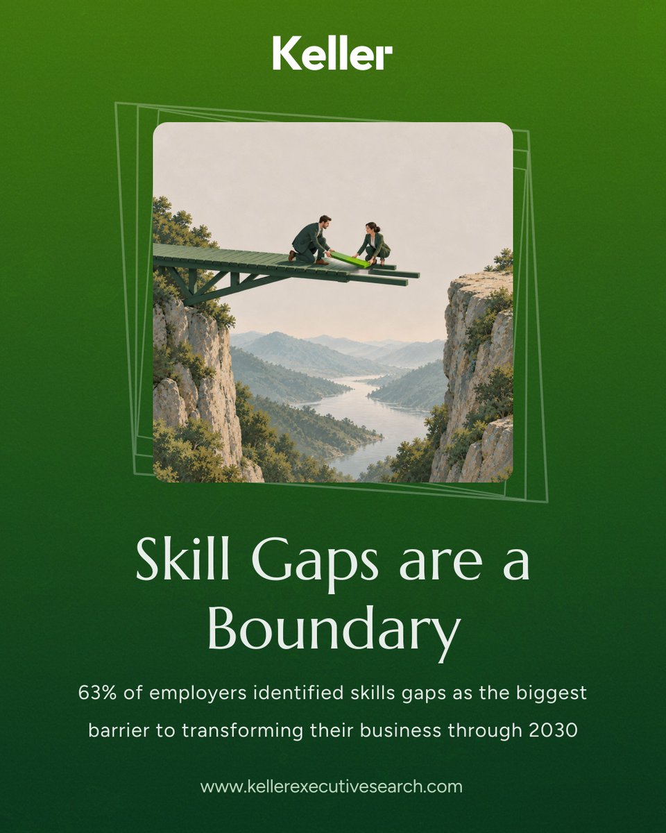 KellerSearch's tweet photo. Business transformation can have the strategy, technology and funding in place and still fall short at the final gap: having the right people to deliver it.

63% of employers identified skills gaps as the biggest barrier to transforming their business through 2030, compared with just 26% who cited a shortage of investment capital.

Talent is no longer a supporting resource if organizations are able to acquire the necessary funds for growth but lack the necessary skills to keep up with the added complexity expansion demands. Instead, it becomes the limitation that determines the speed at which everything else moves.

Building the leadership your transformation needs? Learn more: https://t.co/c1Q8UM8v1q

#SkillsStrategy #BusinessTransformation #ExecutiveTalent #LeadershipPipeline #FutureOfWork