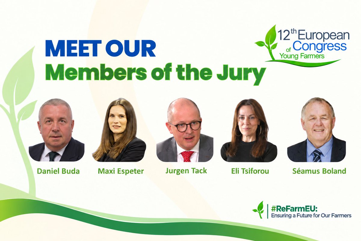 EUYoungFarmers's tweet photo. Meet the Jury of the 12th EPP European Congress of Young Farmers Awards 🇪🇺🌱

#ReFarmEU: Ensuring a Future for Our Farmers
Join us on 18 November 2026 | European Parliament [JAN 2Q2]

🔗 https://t.co/mOIQN0nHNt

#ReFarmEU #EUYoungFarmers @AsajaNacional @agrinaopara @EPPGroup https://t.co/qOCWkI3sbj