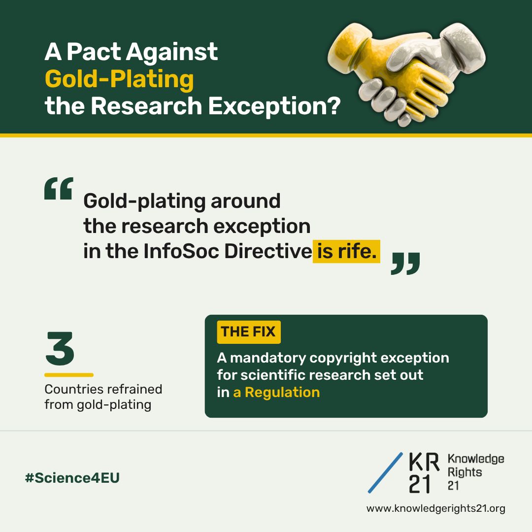 KR21org's tweet photo. A PACT AGAINST GOLD-PLATING THE RESEARCH EXCEPTION?
EC President von der Leyen wants a Pact against #GoldPlating.
Only 3 countries left the #research exception untouched.
The fix: a mandatory exception in a Regulation. 
KR21 urges the EC to act! #ERAact
🔗 https://t.co/qFptnlnSVk https://t.co/9lje4a7NLt