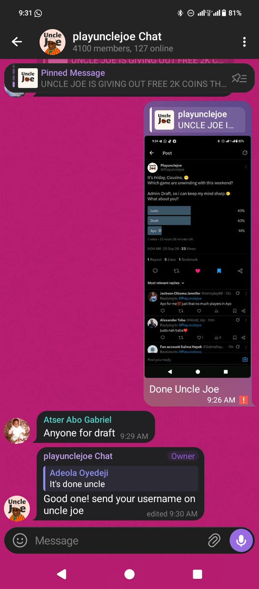 JennyJay00's tweet photo. @Playunclejoe Uncle Joe please I can't send messages on Our Telegram Group so for my own giveaway, my username is CURLS don't forget about me since I can't send my screenshot over there https://t.co/IxhCpNvku4