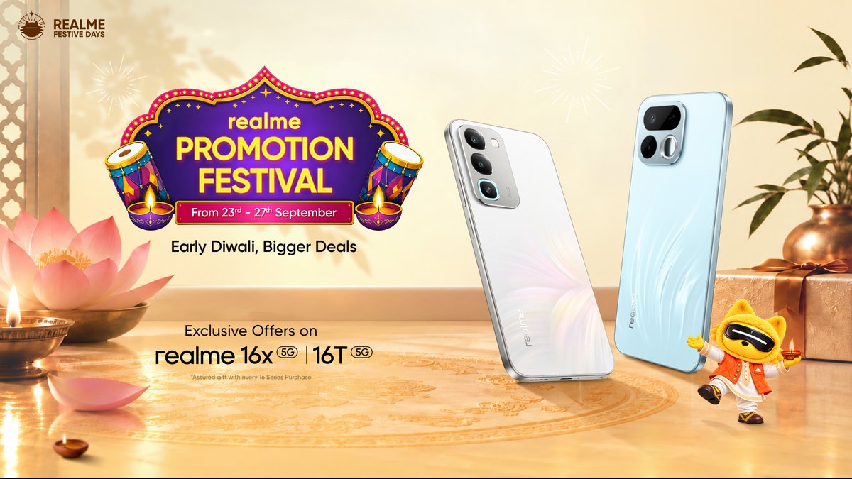 realmeIndia's tweet photo. Festive shopping starts early. ✨
Exclusive offers on the #realme16x 5G and #realme16T 5G from 23rd–27th September.
Visit a realme store near you.
#realmeFestiveDays #realmeIndia #MakeItReal #realmePromotionFestival https://t.co/xQJn7hW9xC