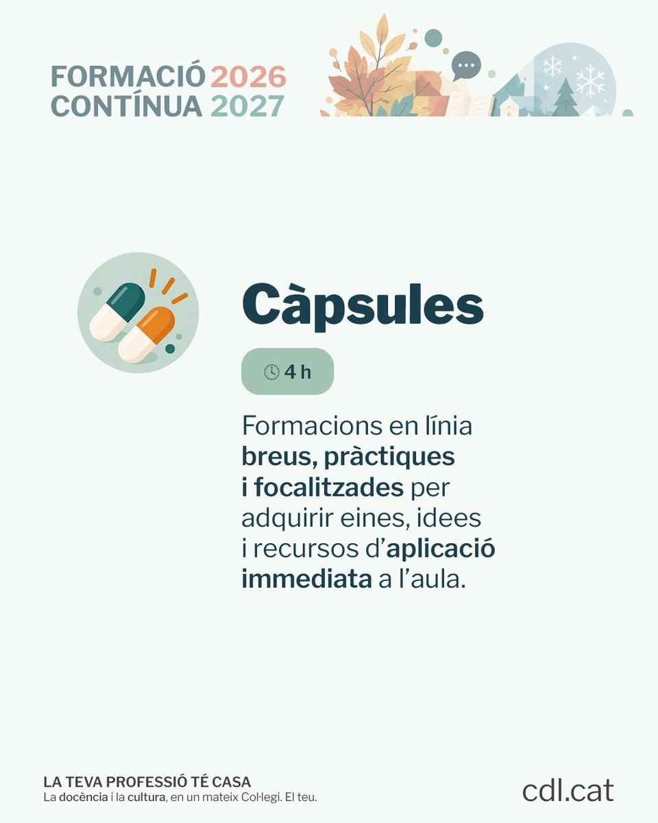 cdlcat's tweet photo. 📚 Ara que el curs ja està en marxa, és un bon moment per dedicar-te una estona i continuar-te formant.

💼 T'oferim diferents opcions segons la teva disponibilitat i ganes, pensades per acompanyar-te en els reptes reals de l’aula i de la professió 👉 https://t.co/6PCmSAIdiG https://t.co/5hTIn1GU9W