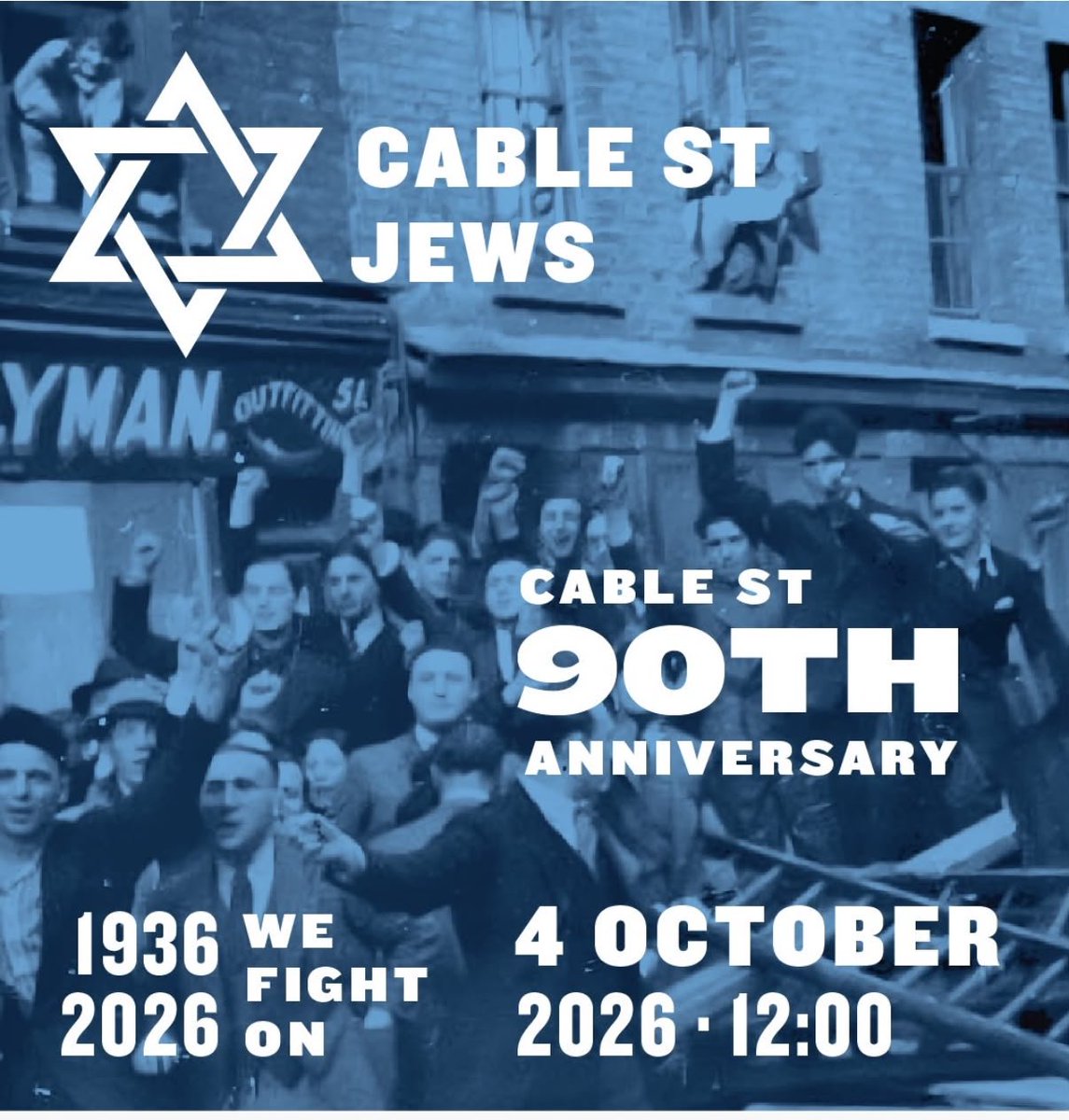 antisemitism's tweet photo. Jews and allies from across London are marching to honour one of Britain’s defining victories against fascism.

On Sunday 4th October, there will be a commemoration in the East End of the 90th anniversary of the Battle of Cable Street — when, in 1936, thousands of Jews and their allies stood together to stop the British Union of Fascists from marching through the area.

90 years on, the message remains as important as ever: antisemitism must be confronted, not tolerated.

As antisemitism once again runs rampant in Britain, we are reminded of the resilience required to stamp out anti-Jewish racism.