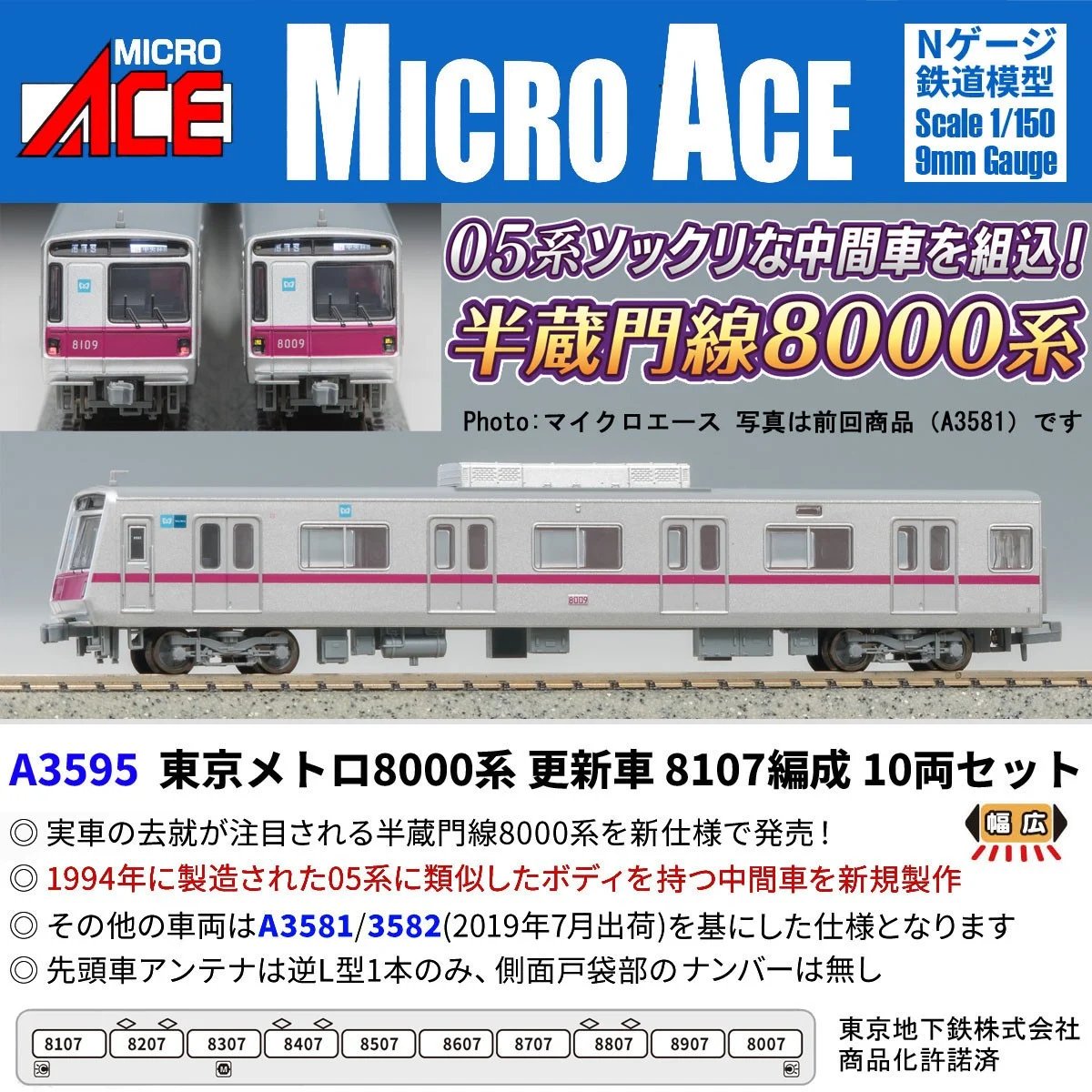 hobbysearch_mt's tweet photo. 【予約受付中】#マイクロエース #Nゲージ #鉄道模型 
▼東京メトロ8000系 更新車 8107編成 10両セット
https://t.co/1XNnVBhQjl

──05系ソックリな中間車を組込！半蔵門線8000系 https://t.co/Flz294e9Kh