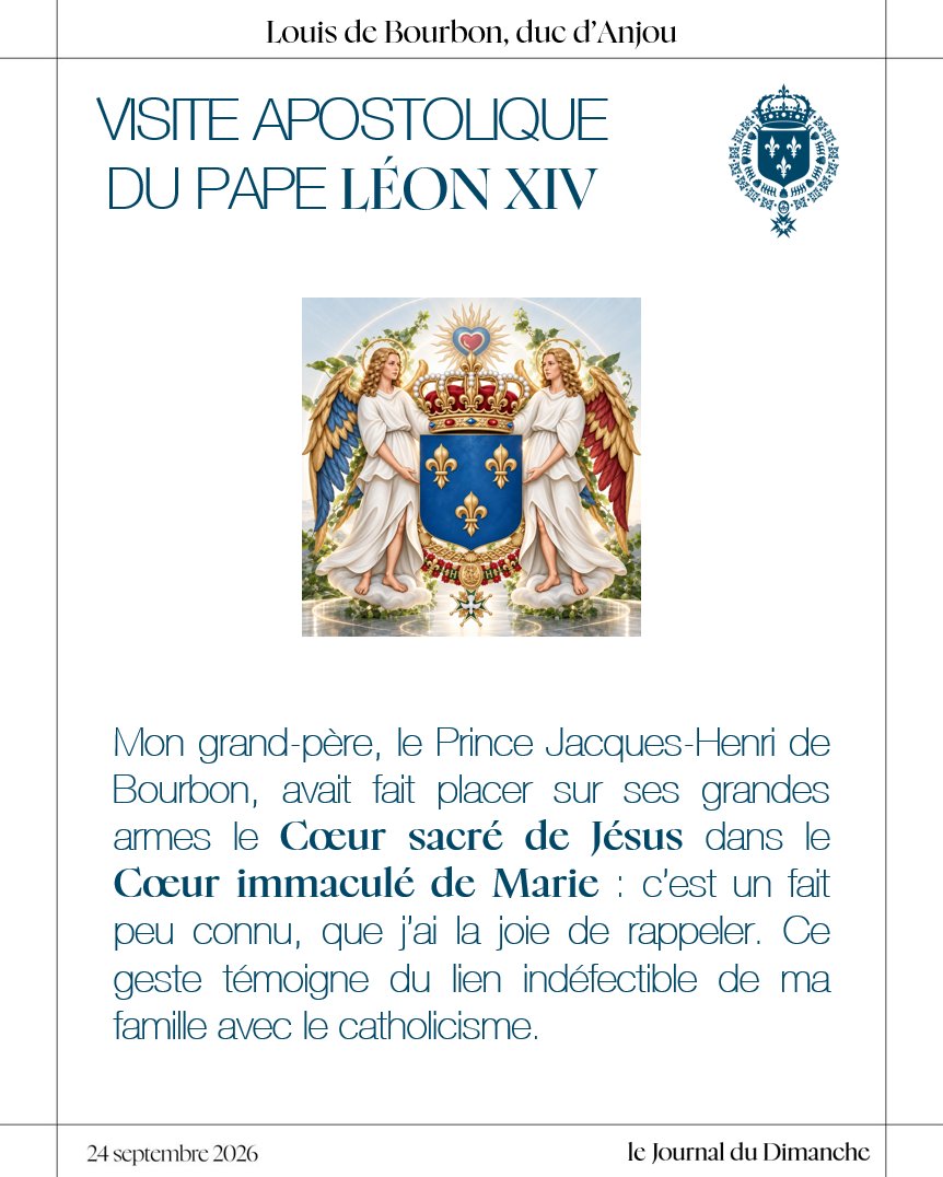 Louis_DucAnjou's tweet photo. Mon grand-père, le Prince Jacques-Henri de Bourbon, avait fait placer sur ses grandes armes le Cœur sacré de Jésus dans le Cœur immaculé de Marie : c’est un fait peu connu, que j’ai la joie de rappeler. Ce geste témoigne du lien indéfectible de ma famille avec le catholicisme. https://t.co/xgeV5kDVck
