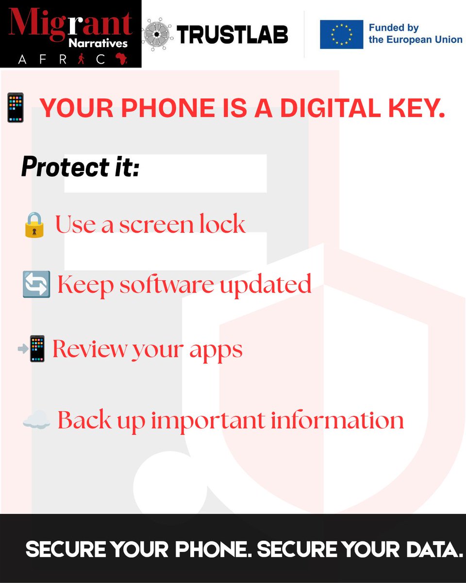 MnarrativesA's tweet photo. Your phone ≠just a device. It's your digital life .

Keep it secure .
#DigitalSecurity #DataPrivacy #TrustLabProject #RefugeeVoices #MigrantNarrativesAfrica https://t.co/Ob1p6gfxeK