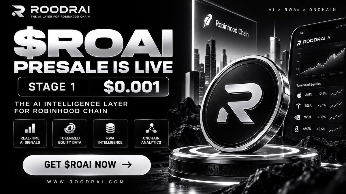 R0AI_Official's tweet photo. 🚨 EVERYONE’S WATCHING AI. FEW ARE WATCHING WHERE AI MEETS TOKENIZED WALL STREET.

ROODRAI is building the AI intelligence layer for the Robinhood Chain tokenized-equity and RWA ecosystem.

$ROAI Stage 1 Presale is LIVE at $0.001. ⚡

AI × RWAs × Onchain.

The infrastructure is coming.
The intelligence is being built NOW.

Get positioned early. 👀

🌐 https://t.co/II4VrkoYse

#ROODRAI #ROAI #RobinhoodChain #AI #RWA