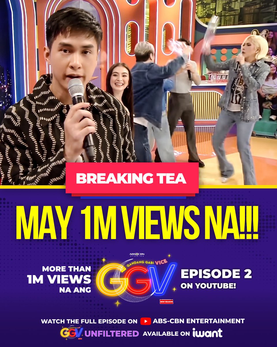 ABSCBN's tweet photo. NAGBABAGANG TSAA: MAY 1M VIEWS NA ang #GandangGabiVice EPISODE 2?! 🥳🙌

Maraming salamuch dahil ang OA nyo sumuporta kina #ViceGanda at #JMFyang! 🥹 https://t.co/VTqZOehER8