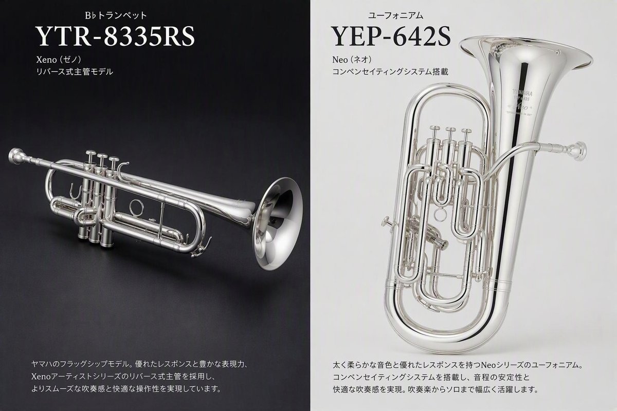 JI0NZE's tweet photo. @gunboy46 CopilotでTp.とEuph.を型番指定し、製品サイトを指定して生成させましたがTp.は支柱の一と第一抜差管が異なっているし、Euph.に至ってはコンペンセイティングじたいが搭載されていないのです。あえて642を指定したのはAIに対する意地悪です(w やっぱりできなかったか
ぱっと見はといのでが💦 https://t.co/MUnEe9nIFP