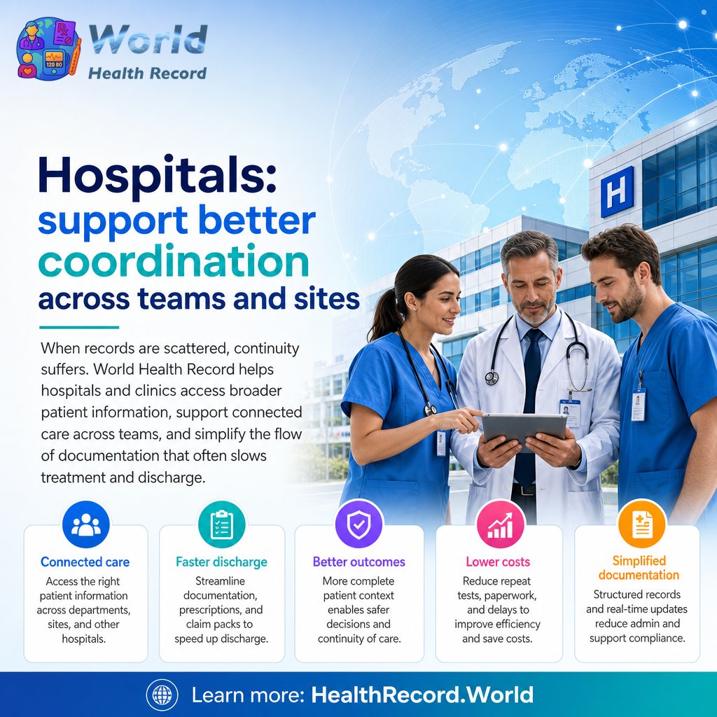 WldHealthRecord's tweet photo. Hospitals: support better coordination across teams and sites

When records are scattered, continuity suffers. World Health Record helps hospitals and clinics access broader patient information, support connected care across teams, and simplify the flow of documentation that often slows treatment and discharge. Learn more: https://t.co/TdewFvUNYP