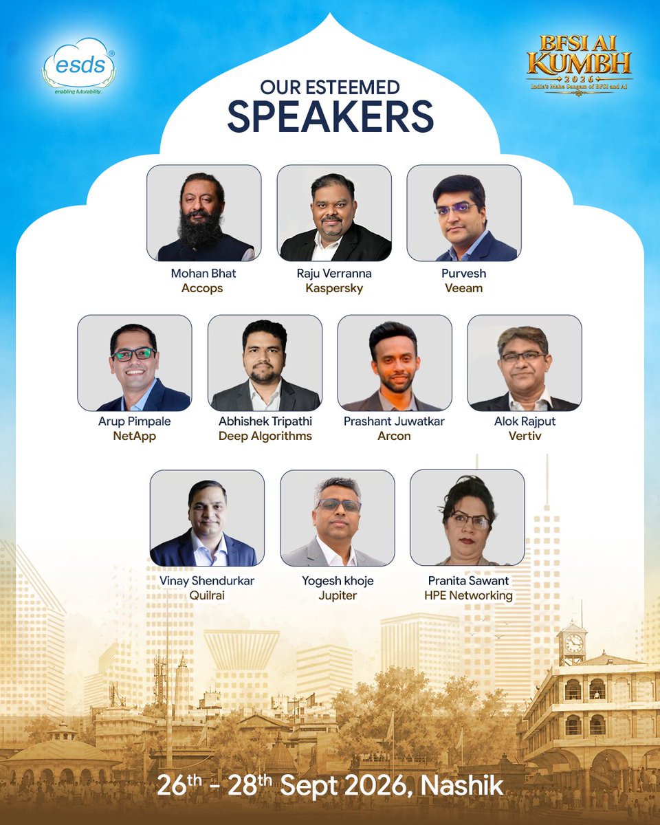 ESDSDataCenter's tweet photo. 𝐖𝐞 𝐚𝐫𝐞 𝐩𝐫𝐨𝐮𝐝 𝐭𝐨 𝐮𝐧𝐯𝐞𝐢𝐥 𝐭𝐡𝐞 𝐝𝐢𝐬𝐭𝐢𝐧𝐠𝐮𝐢𝐬𝐡𝐞𝐝 𝐬𝐩𝐞𝐚𝐤𝐞𝐫𝐬 𝐟𝐨𝐫 𝐁𝐅𝐒𝐈 𝐀𝐈 𝐊𝐮𝐦𝐛𝐡 𝟐𝟎𝟐𝟔 !

𝐆𝐞𝐭 𝐫𝐞𝐚𝐝𝐲 𝐟𝐨𝐫 𝐈𝐧𝐝𝐢𝐚’𝐬 𝐌𝐚𝐡𝐚 𝐒𝐚𝐧𝐠𝐚𝐦 𝐨𝐟 𝐁𝐅𝐒𝐈 𝐚𝐧𝐝 𝐀𝐈.

#BFSIAIKumbh #BFSI #AI #Ouresteemedspeakers https://t.co/3iQHy7HPLy