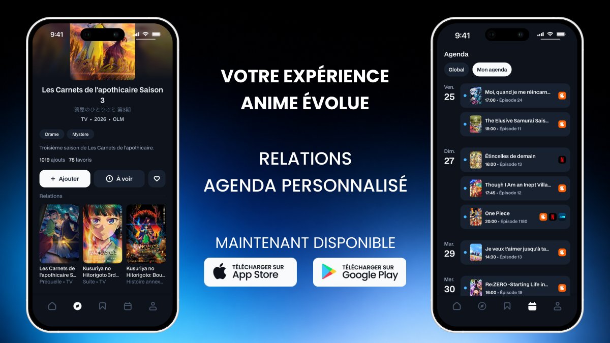 Hyakanime's tweet photo. Nous avions dit « quelques semaines »… et la voilà enfin ! 🎉

La nouvelle mise à jour de Hyakanime débarque sur mobile avec :
- Arrivée du système de relations
- Affichage de vos animes suivis uniquement dans l'agenda

🔎 Découvrez toutes les nouveautés et les changements de cette mise à jour : https://t.co/9JAiR33zB2