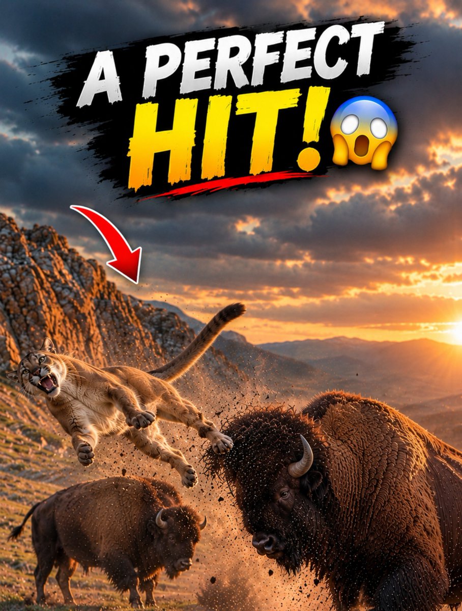 xPlanetwildlife's tweet photo. A Perfect Hit! 😱🦬🐆

A mountain lion attacks a bison, but just as it gets close, another bison charges in and delivers a powerful hit! 🦬💥🐆

Watch here 👇 
https://t.co/EjEQYl8Xtg

#Wildlife #AnimalStories #Nature #Bison #MountainLion #Viral https://t.co/Aa2NkWwt99