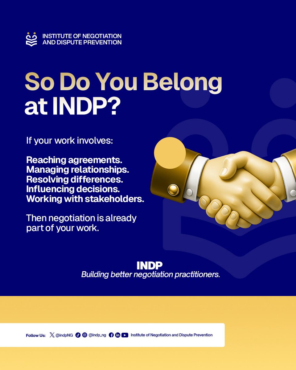 IndpNg's tweet photo. Not everyone who negotiates is a lawyer. 👀

From HR to procurement, engineering to traditional leadership, negotiation is part of everyday work.

The real question is: How well do you negotiate?

Swipe through to see who belongs at INDP. → https://t.co/88RoSW9sm9