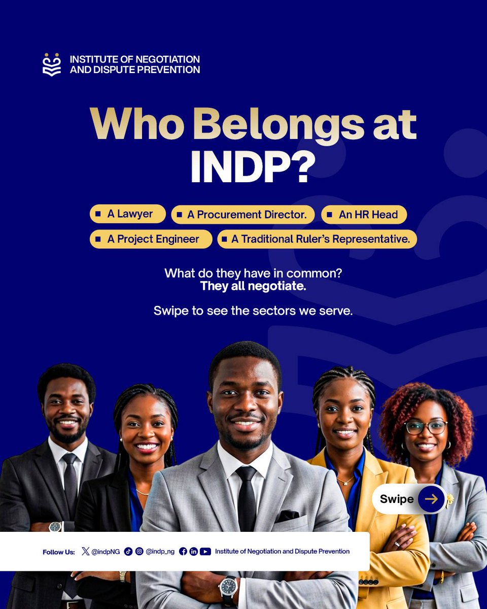 IndpNg's tweet photo. Not everyone who negotiates is a lawyer. 👀

From HR to procurement, engineering to traditional leadership, negotiation is part of everyday work.

The real question is: How well do you negotiate?

Swipe through to see who belongs at INDP. → https://t.co/88RoSW9sm9