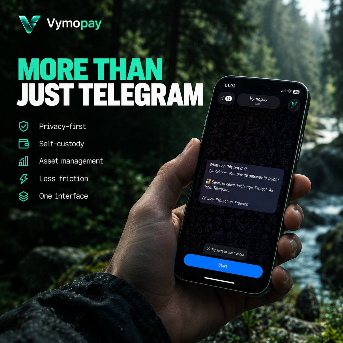 OfficialVymopay's tweet photo. How much of your crypto life can actually fit inside Telegram? 🤔

With VYMOPAY, more than you might expect👇
1. Privacy-first transactions
2. Self-custody
3. Asset management inside Telegram
4. Less friction between you and your crypto
5. One interface instead of multiple tools https://t.co/Brt4BgVZ7j