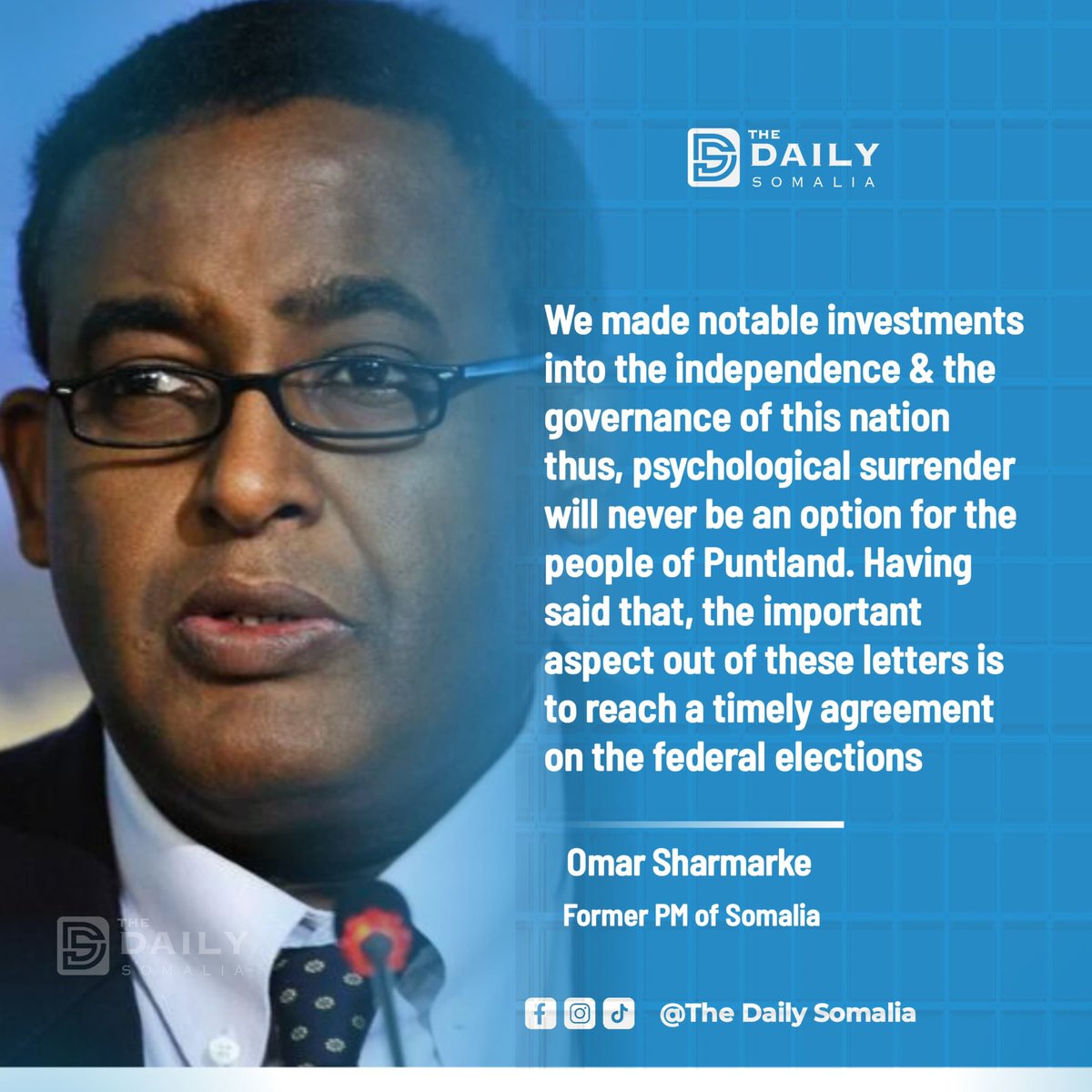 TheDailySomalia's tweet photo. Puntland Will Never Opt for "Psychological Surrender" says Ex-Somali PM Sharmarke Amid Secession Warning

Former Somali Prime Minister @OmarSharmarke has reaffirmed Puntland's central role in shaping modern Somalia, declaring that its people will never choose "psychological surrender" despite mounting domestic pressure within the region to secede from the federal government.

Sharmarke, a native of Puntland who served two terms as Somalia's prime minister, was reacting to an official letter sent to the United Nations by Puntland President Said Abdullahi Deni. In the letter, Deni warned the international body that the Puntland State is "currently facing pressures from huge masses of its citizens who are in favor of full independence from the Center."

Dismissing the idea of abandoning the state-building project that Puntland helped spearhead, Sharmarke highlighted the region's historic contributions to founding and sustaining Somalia's federal governance system.

“We made notable investments into the independence & the governance of this nation, thus psychological surrender will never be an option for the people of Puntland,” Sharmarke said. “Having said that, the important aspect out of these letters is to reach a timely agreement on the federal elections.” He added.